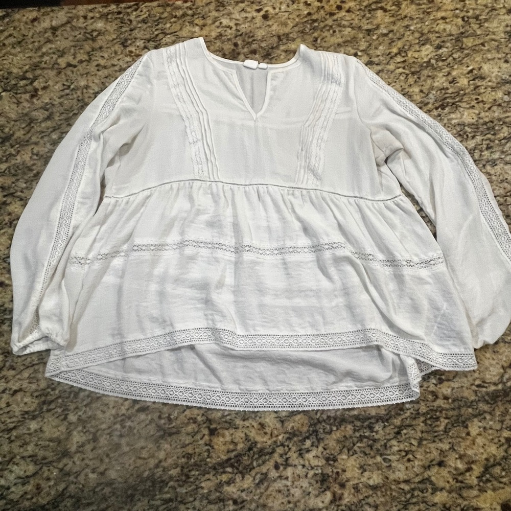 Gap Womens White Crochet Lace Trim Pintuck Peasant Blouse Long Sleeve Top Medium
